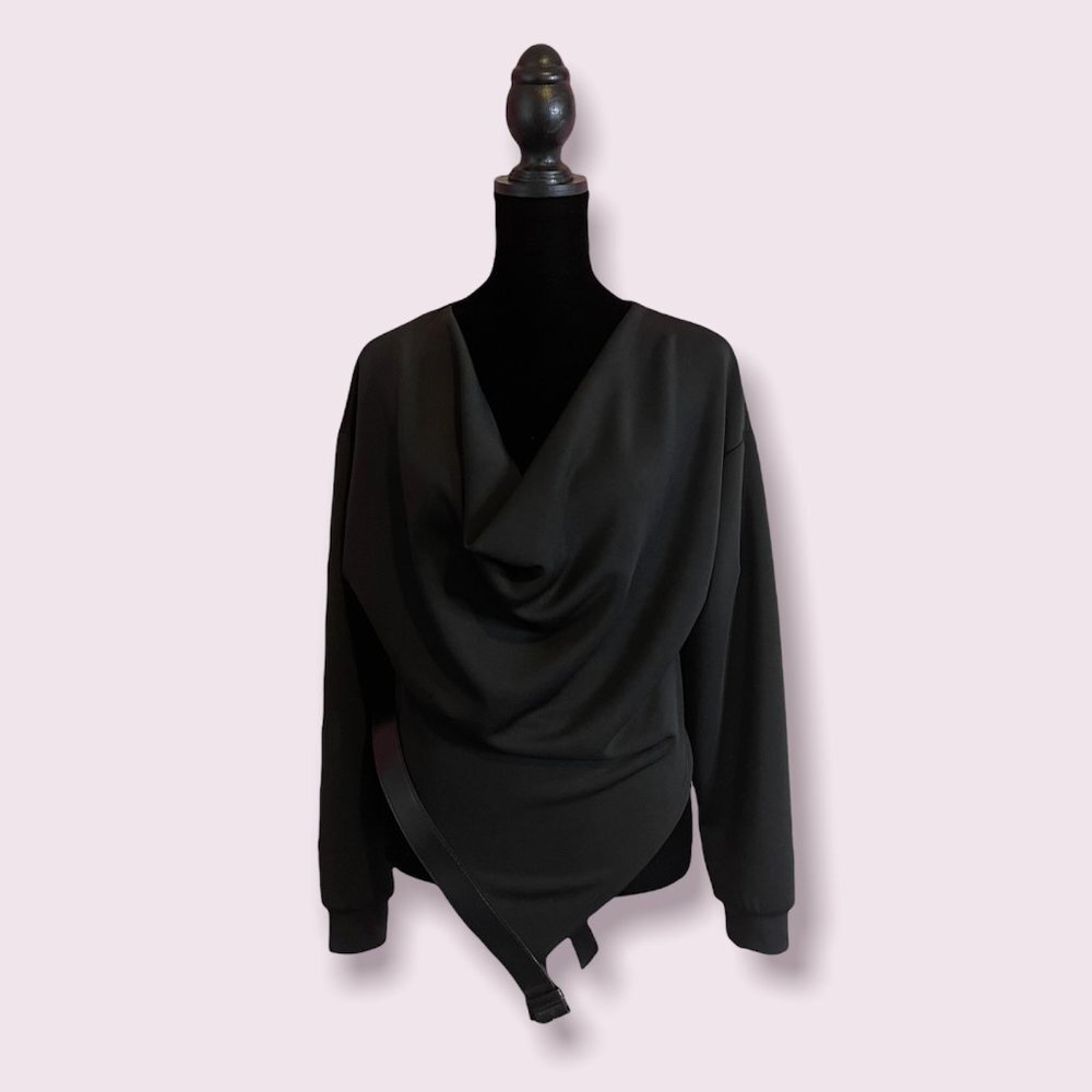 Draped Cowl Neck Long Sleeve Top with Belt & Buckle Detail